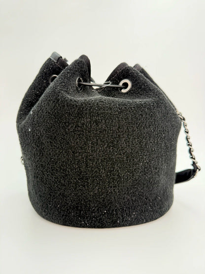(AJ37) Chanel Black Canvas Deauville Drawstring Bucket Bag, Silver Hardware