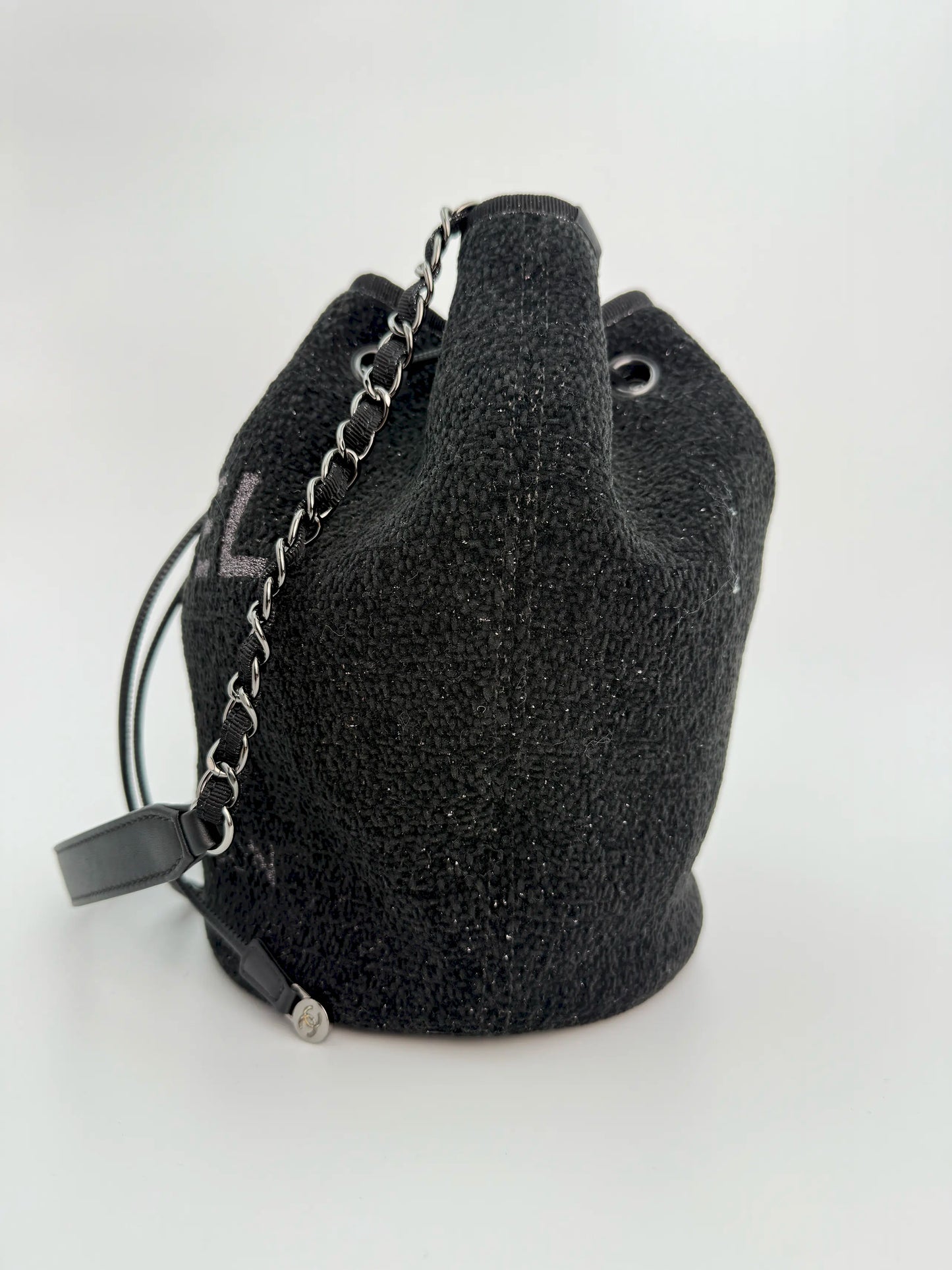 (AJ37) Chanel Black Canvas Deauville Drawstring Bucket Bag, Silver Hardware