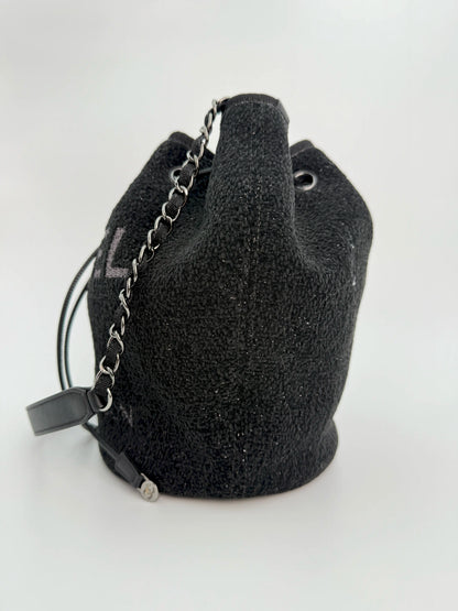 (AJ37) Chanel Black Canvas Deauville Drawstring Bucket Bag, Silver Hardware