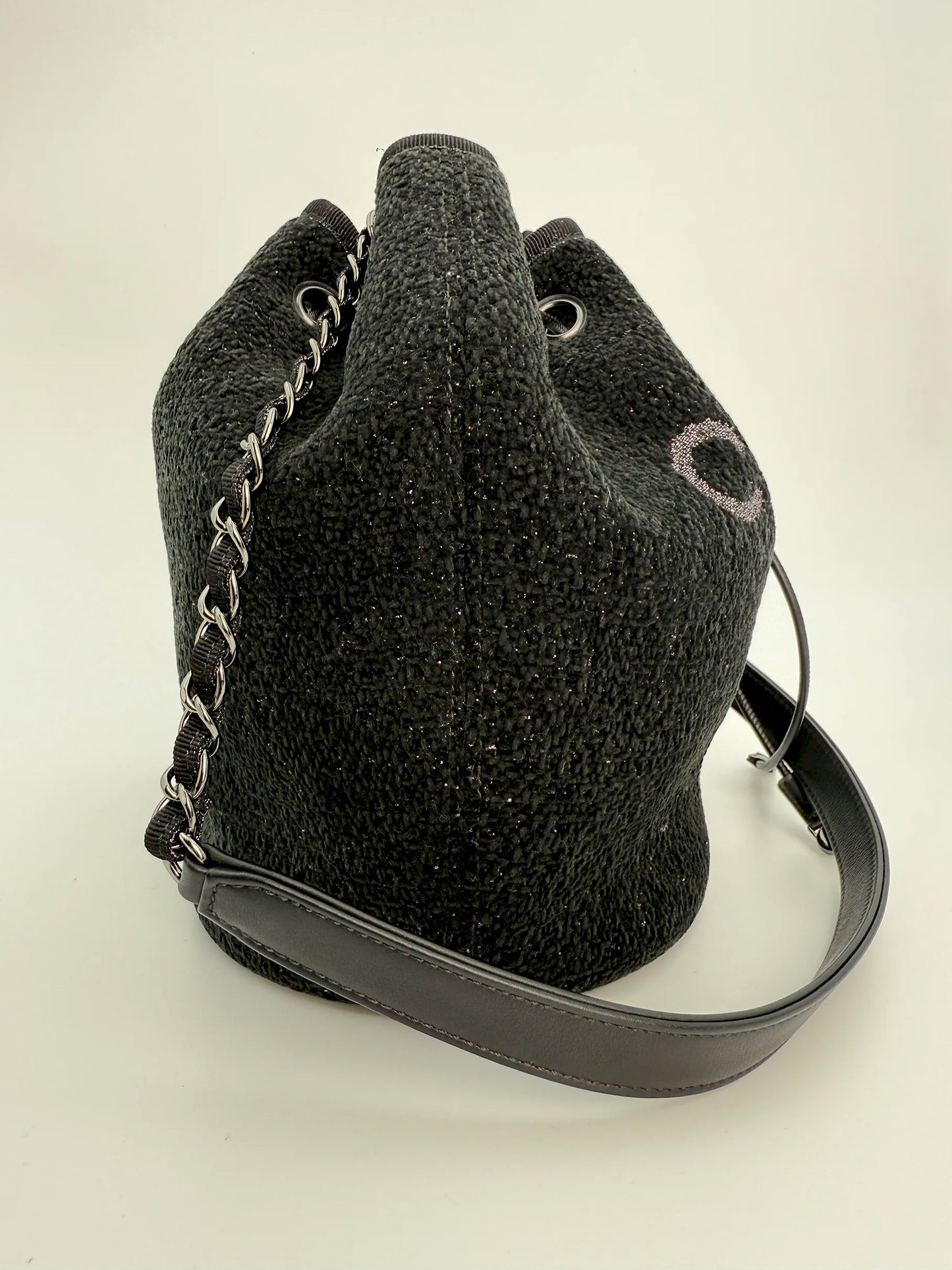 (AJ37) Chanel Black Canvas Deauville Drawstring Bucket Bag, Silver Hardware