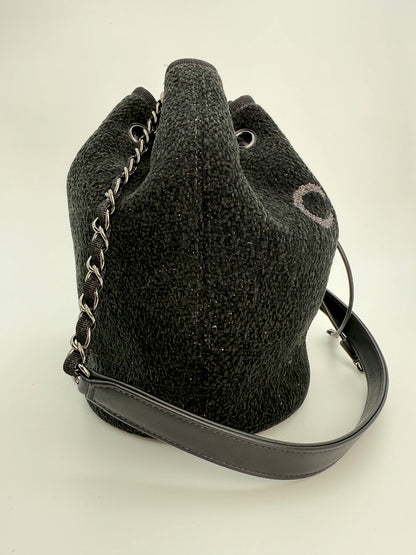 (AJ37) Chanel Black Canvas Deauville Drawstring Bucket Bag, Silver Hardware