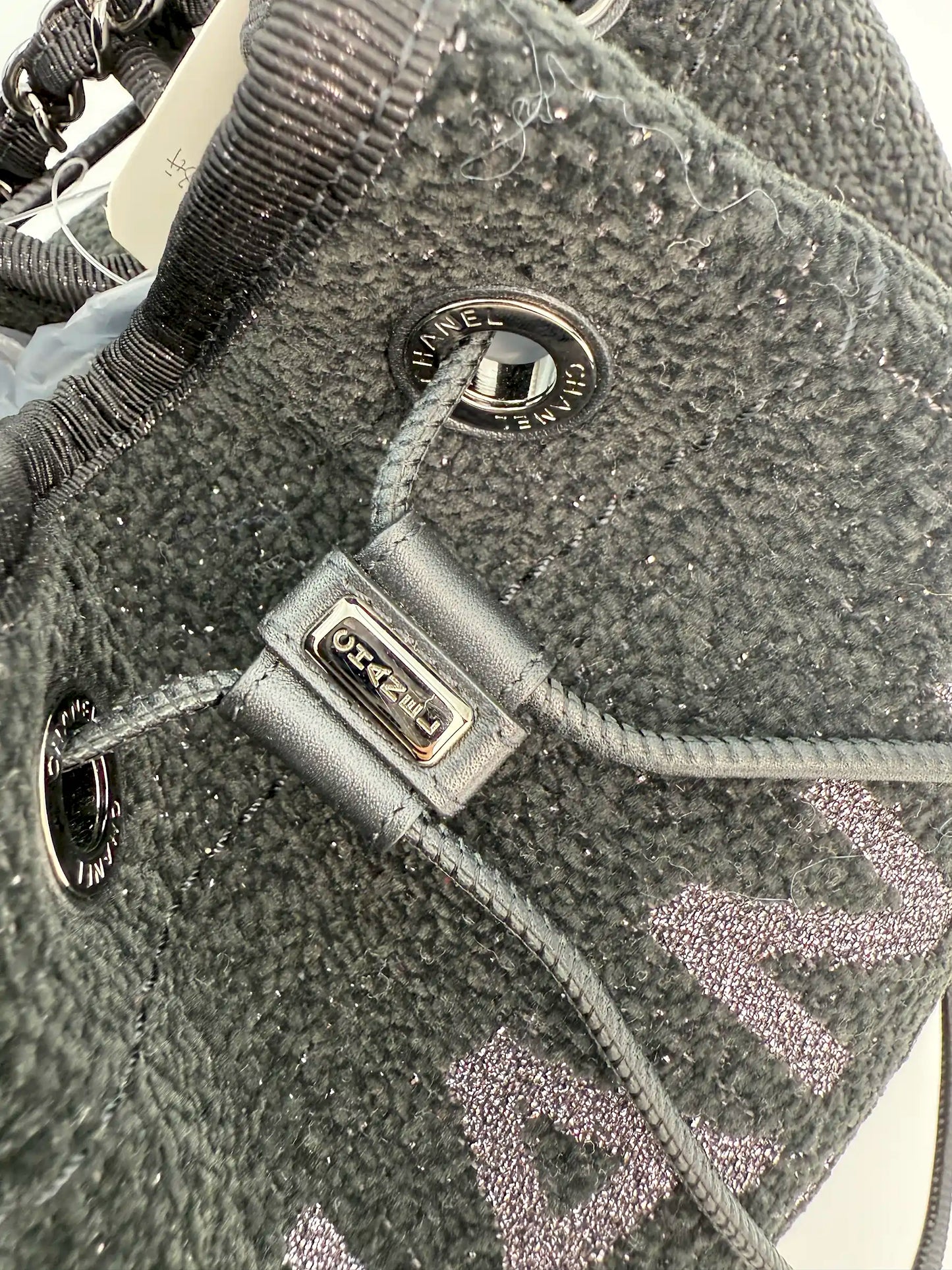 (AJ37) Chanel Black Canvas Deauville Drawstring Bucket Bag, Silver Hardware