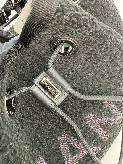 (AJ37) Chanel Black Canvas Deauville Drawstring Bucket Bag, Silver Hardware