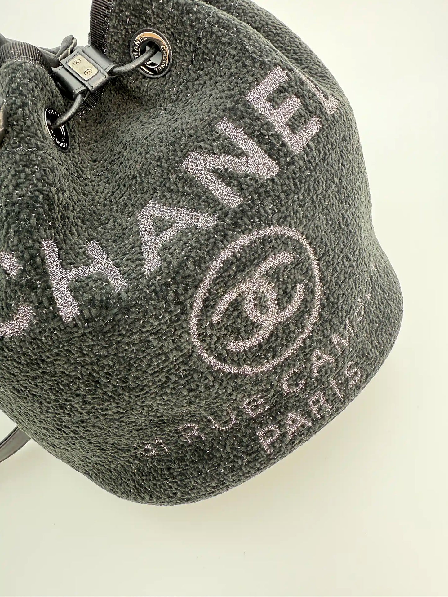 (AJ37) Chanel Black Canvas Deauville Drawstring Bucket Bag, Silver Hardware