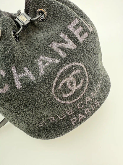 (AJ37) Chanel Black Canvas Deauville Drawstring Bucket Bag, Silver Hardware