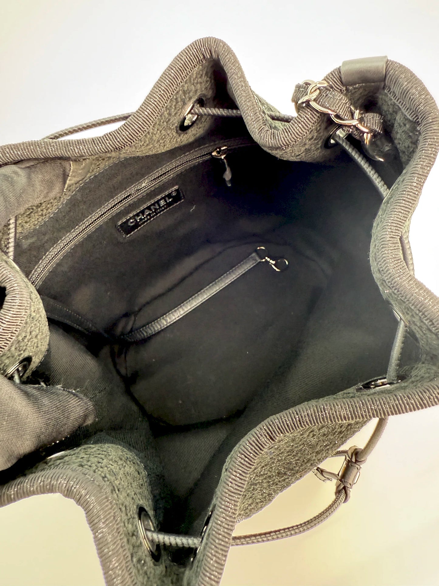 (AJ37) Chanel Black Canvas Deauville Drawstring Bucket Bag, Silver Hardware