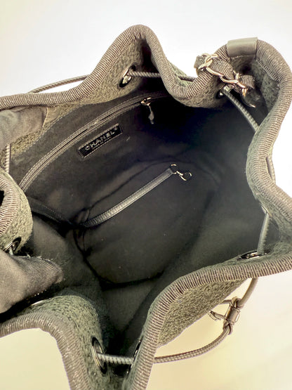 (AJ37) Chanel Black Canvas Deauville Drawstring Bucket Bag, Silver Hardware
