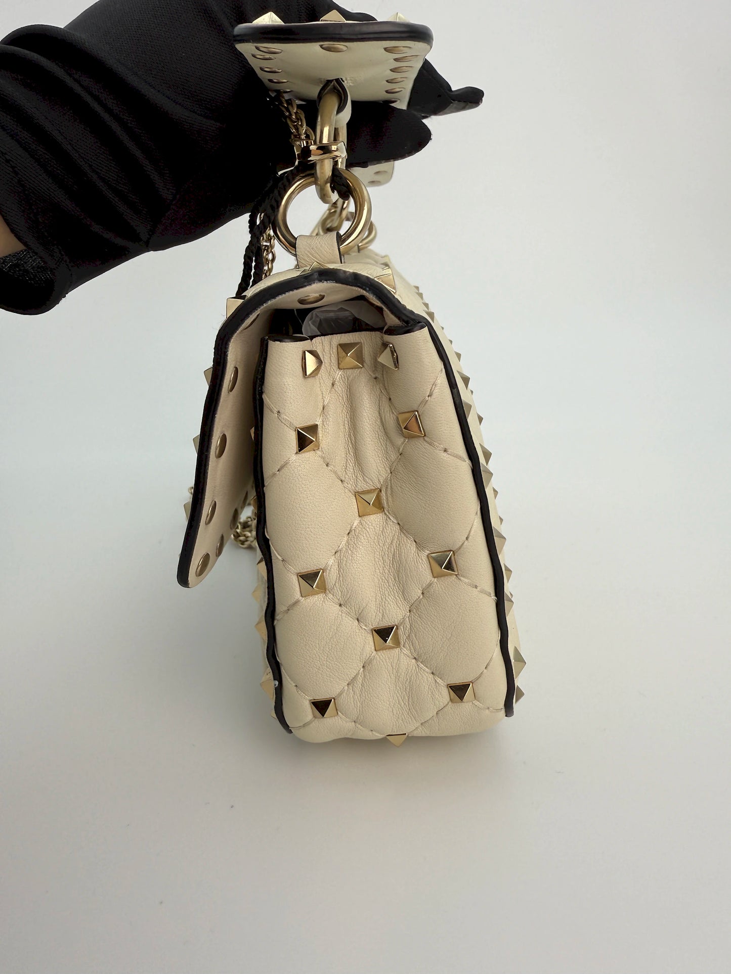 (AJ38) Valentino Spike Ivory Shoulder Bag, Champagne Gold Hardware