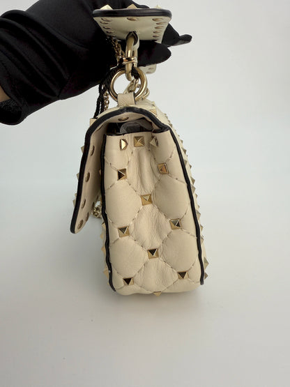 (AJ38) Valentino Spike Ivory Shoulder Bag, Champagne Gold Hardware