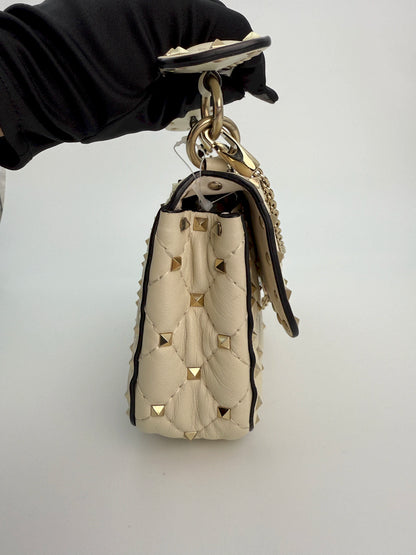 (AJ38) Valentino Spike Ivory Shoulder Bag, Champagne Gold Hardware