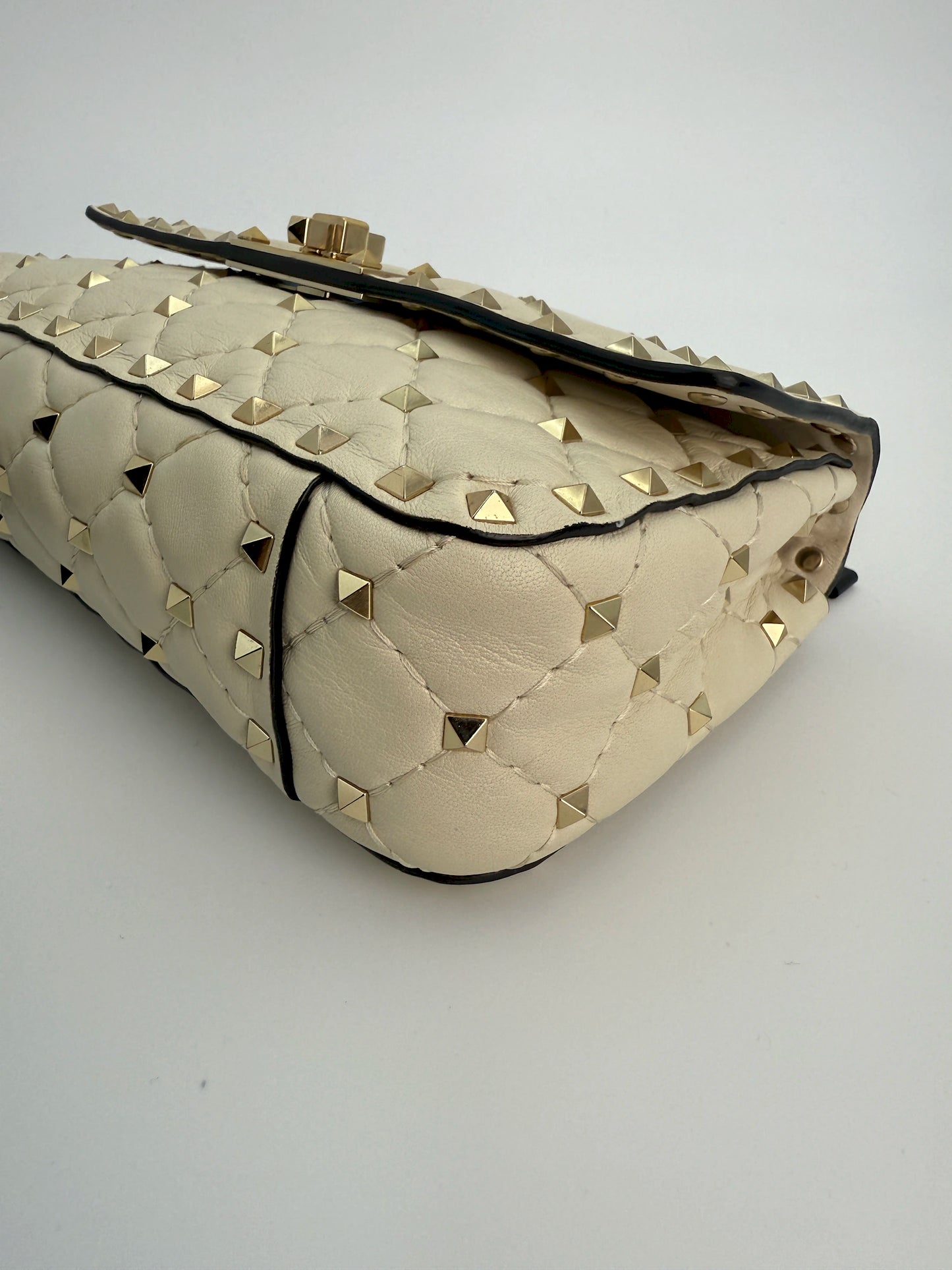 (AJ38) Valentino Spike Ivory Shoulder Bag, Champagne Gold Hardware
