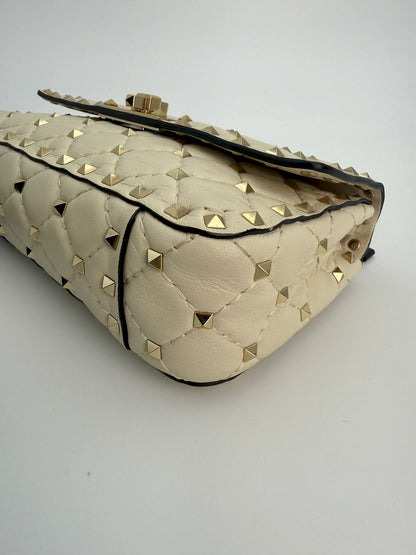 (AJ38) Valentino Spike Ivory Shoulder Bag, Champagne Gold Hardware