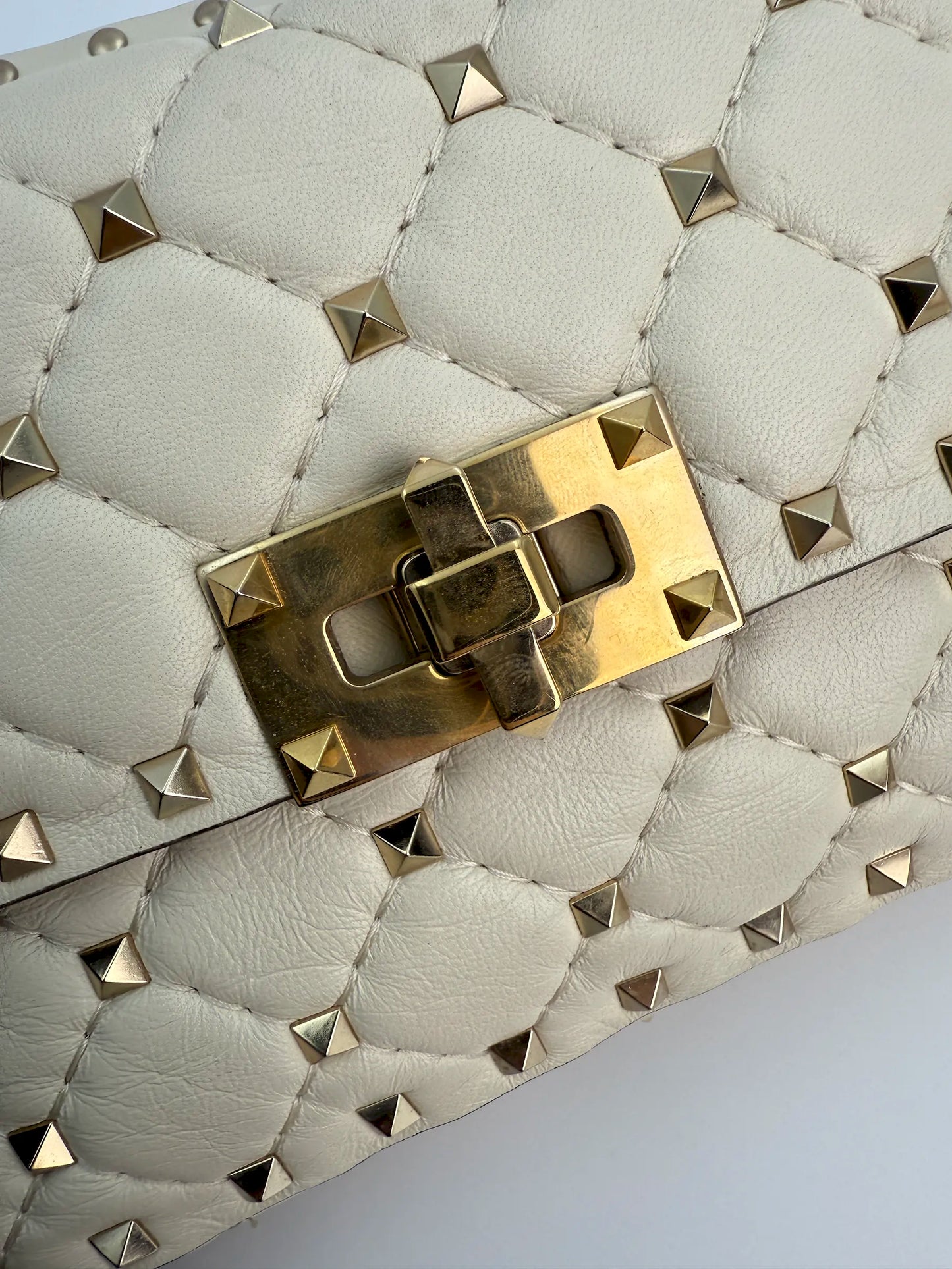 (AJ38) Valentino Spike Ivory Shoulder Bag, Champagne Gold Hardware