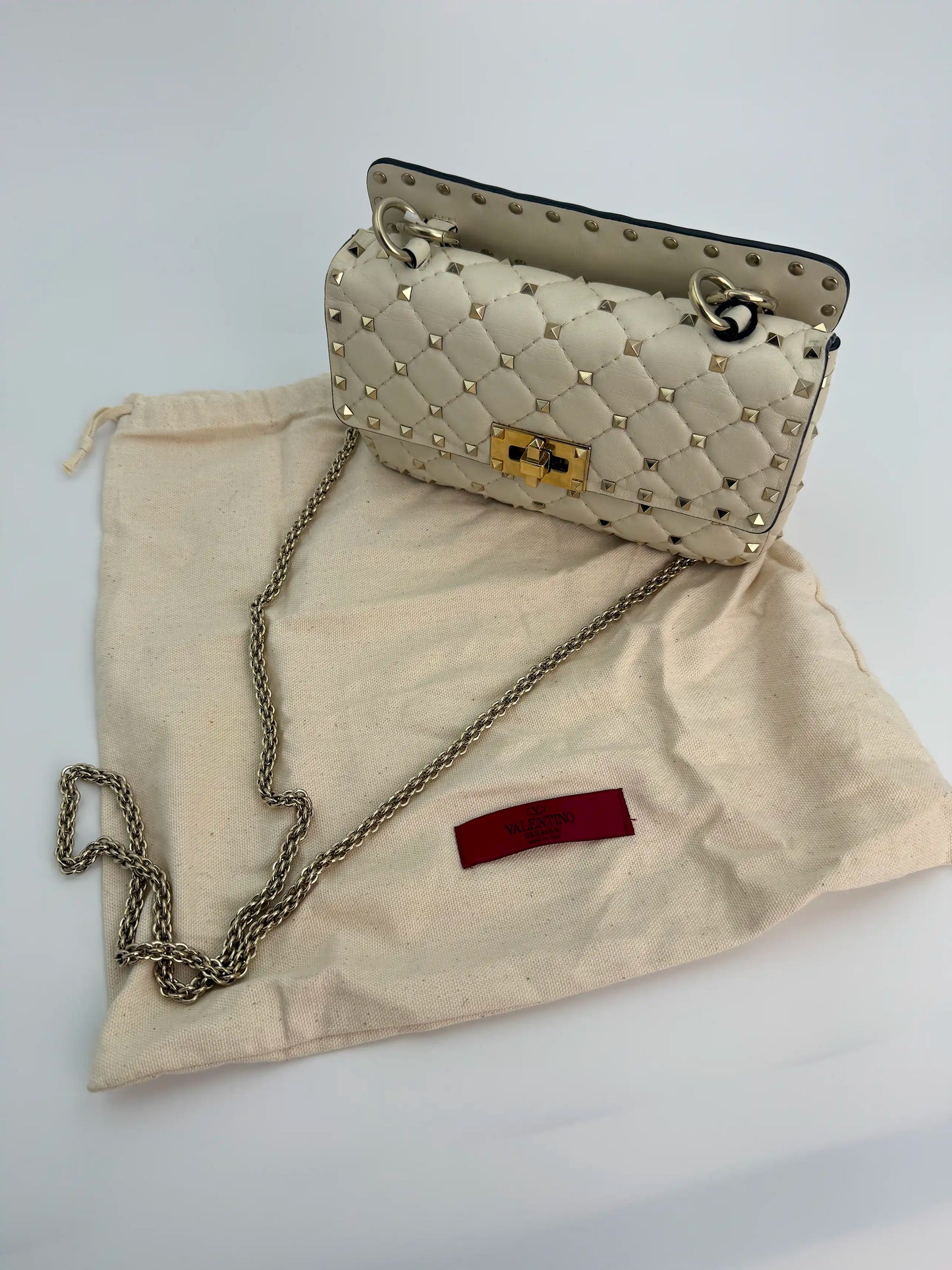 (AJ38) Valentino Spike Ivory Shoulder Bag, Champagne Gold Hardware