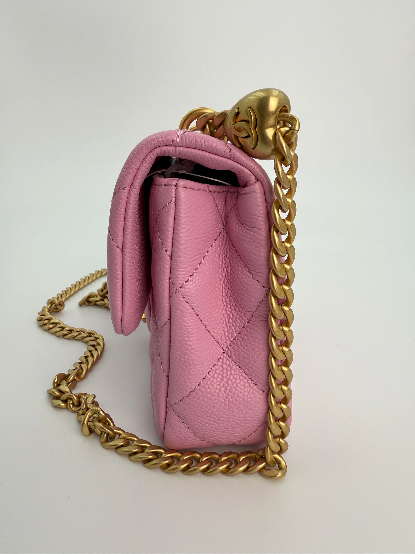 (AJ39) Chanel 23P Pink Caviar Sweetheart Crush Square Flap Bag, Antique Gold Hardware