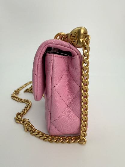 (AJ39) Chanel 23P Pink Caviar Sweetheart Crush Square Flap Bag, Antique Gold Hardware