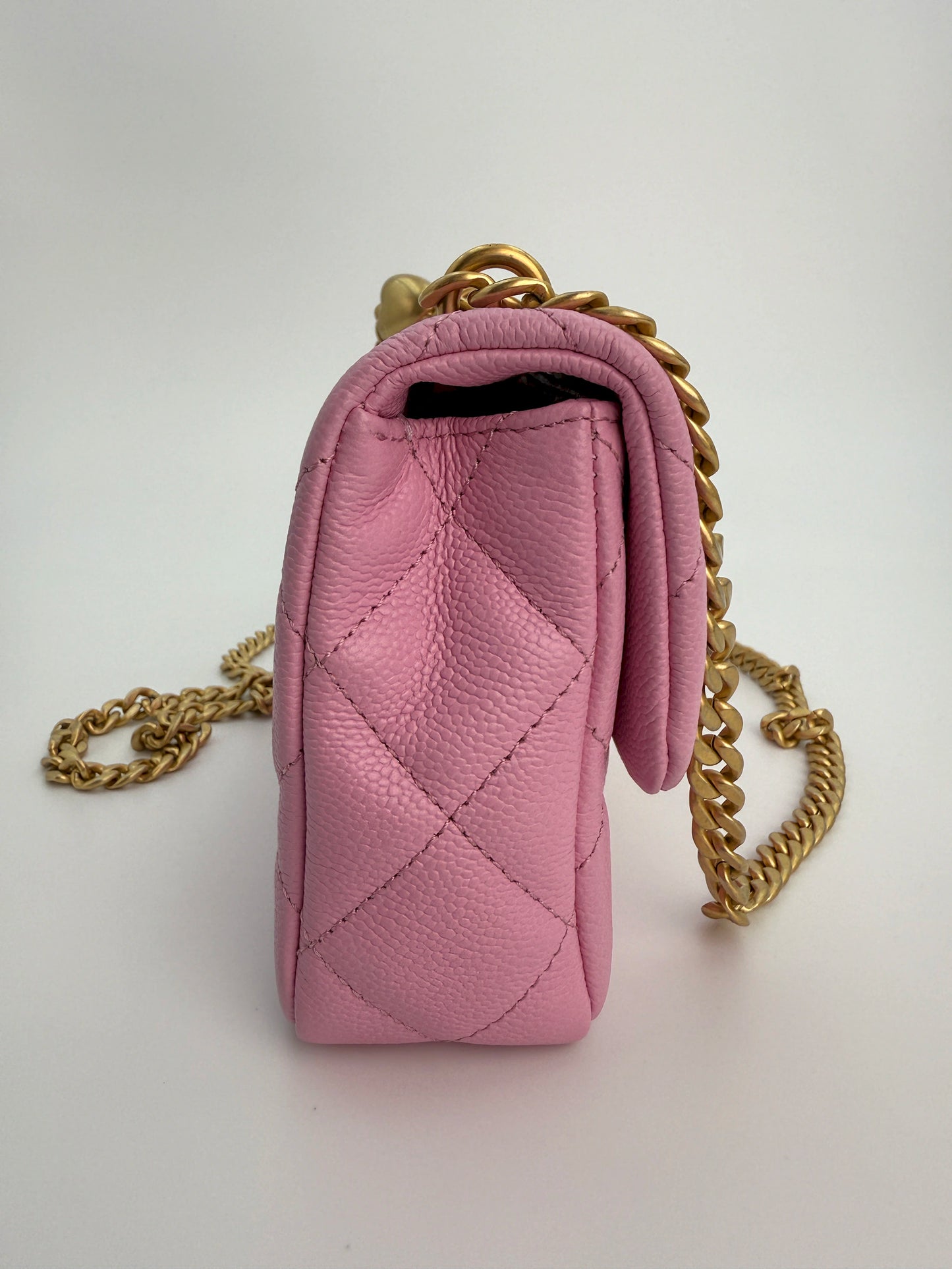 (AJ39) Chanel 23P Pink Caviar Sweetheart Crush Square Flap Bag, Antique Gold Hardware