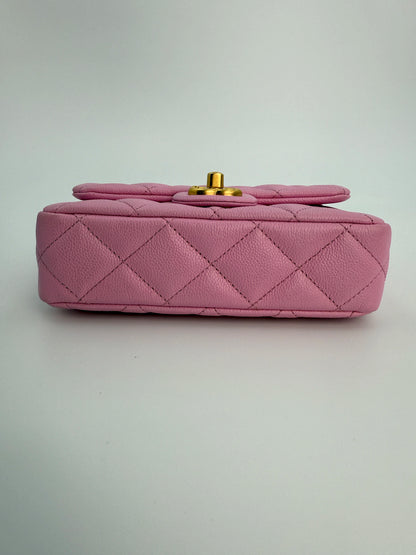 (AJ39) Chanel 23P Pink Caviar Sweetheart Crush Square Flap Bag, Antique Gold Hardware
