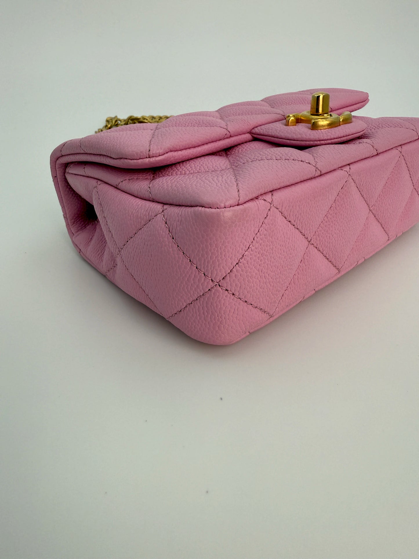 (AJ39) Chanel 23P Pink Caviar Sweetheart Crush Square Flap Bag, Antique Gold Hardware