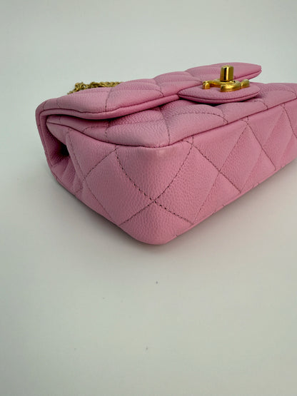 (AJ39) Chanel 23P Pink Caviar Sweetheart Crush Square Flap Bag, Antique Gold Hardware