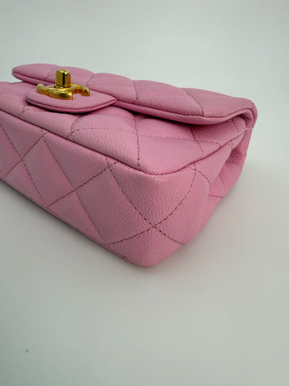 (AJ39) Chanel 23P Pink Caviar Sweetheart Crush Square Flap Bag, Antique Gold Hardware