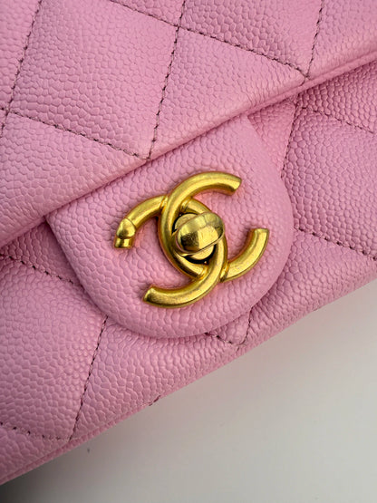 (AJ39) Chanel 23P Pink Caviar Sweetheart Crush Square Flap Bag, Antique Gold Hardware