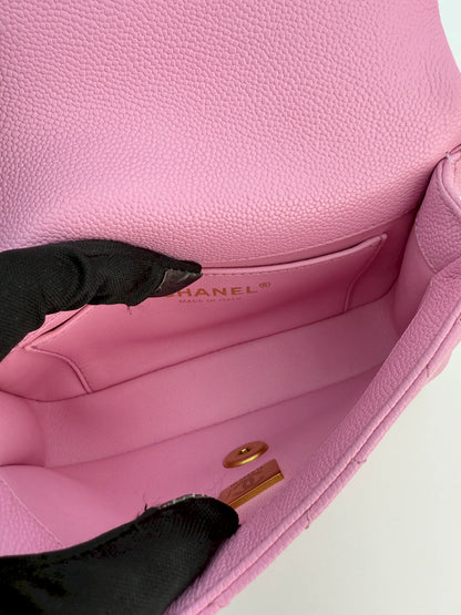 (AJ39) Chanel 23P Pink Caviar Sweetheart Crush Square Flap Bag, Antique Gold Hardware