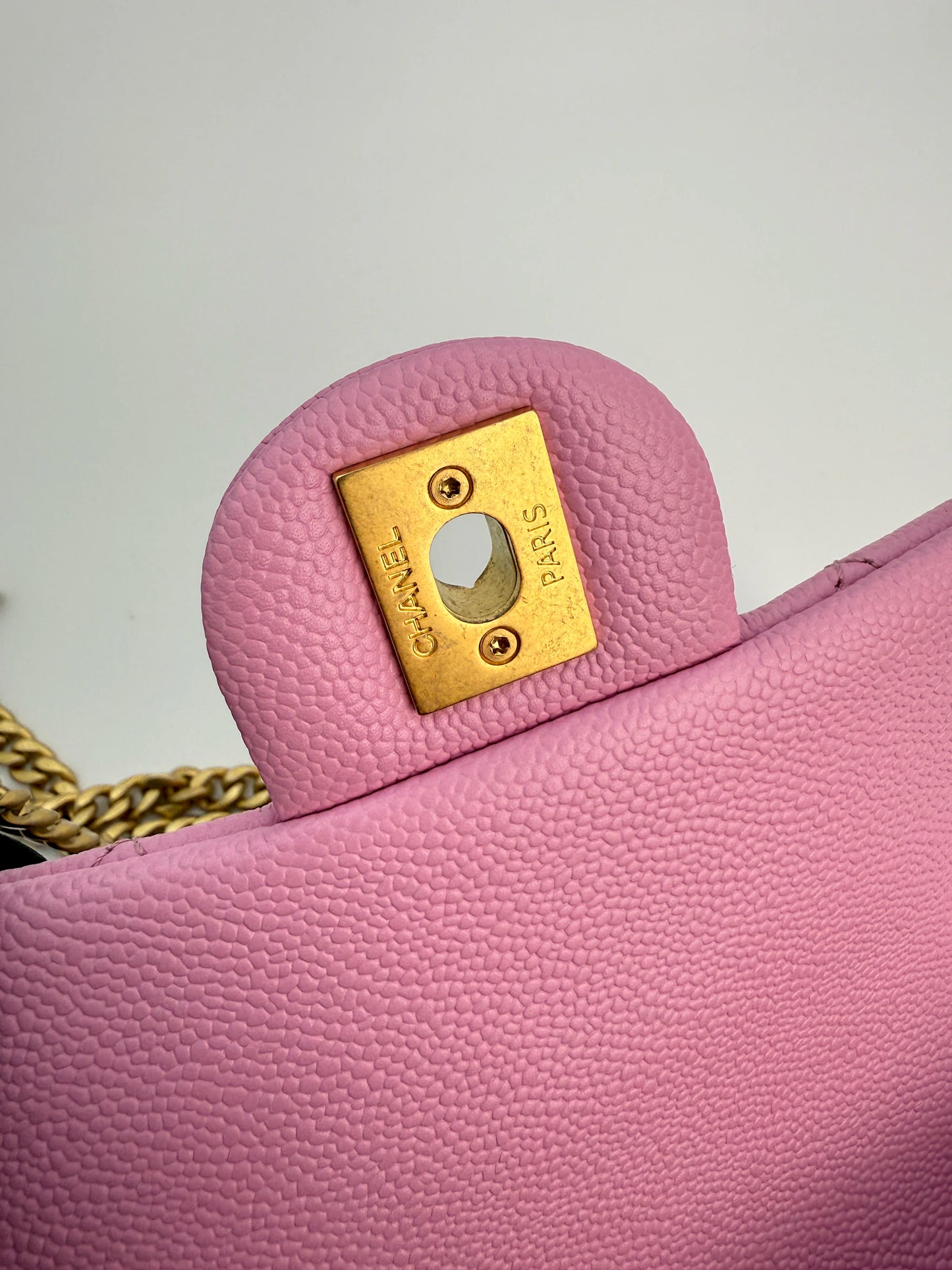 (AJ39) Chanel 23P Pink Caviar Sweetheart Crush Square Flap Bag, Antique Gold Hardware