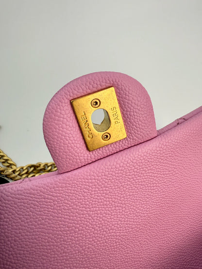 (AJ39) Chanel 23P Pink Caviar Sweetheart Crush Square Flap Bag, Antique Gold Hardware