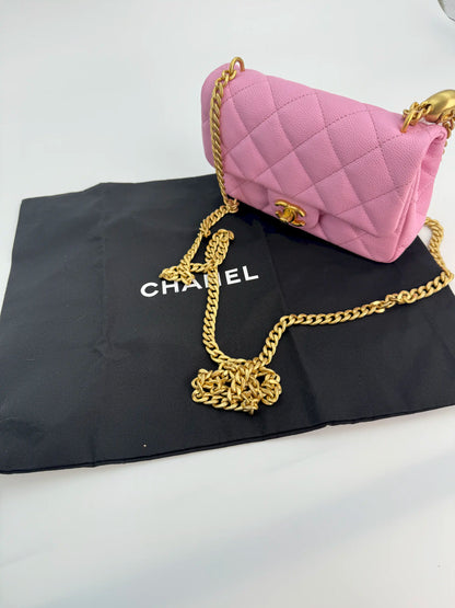 (AJ39) Chanel 23P Pink Caviar Sweetheart Crush Square Flap Bag, Antique Gold Hardware