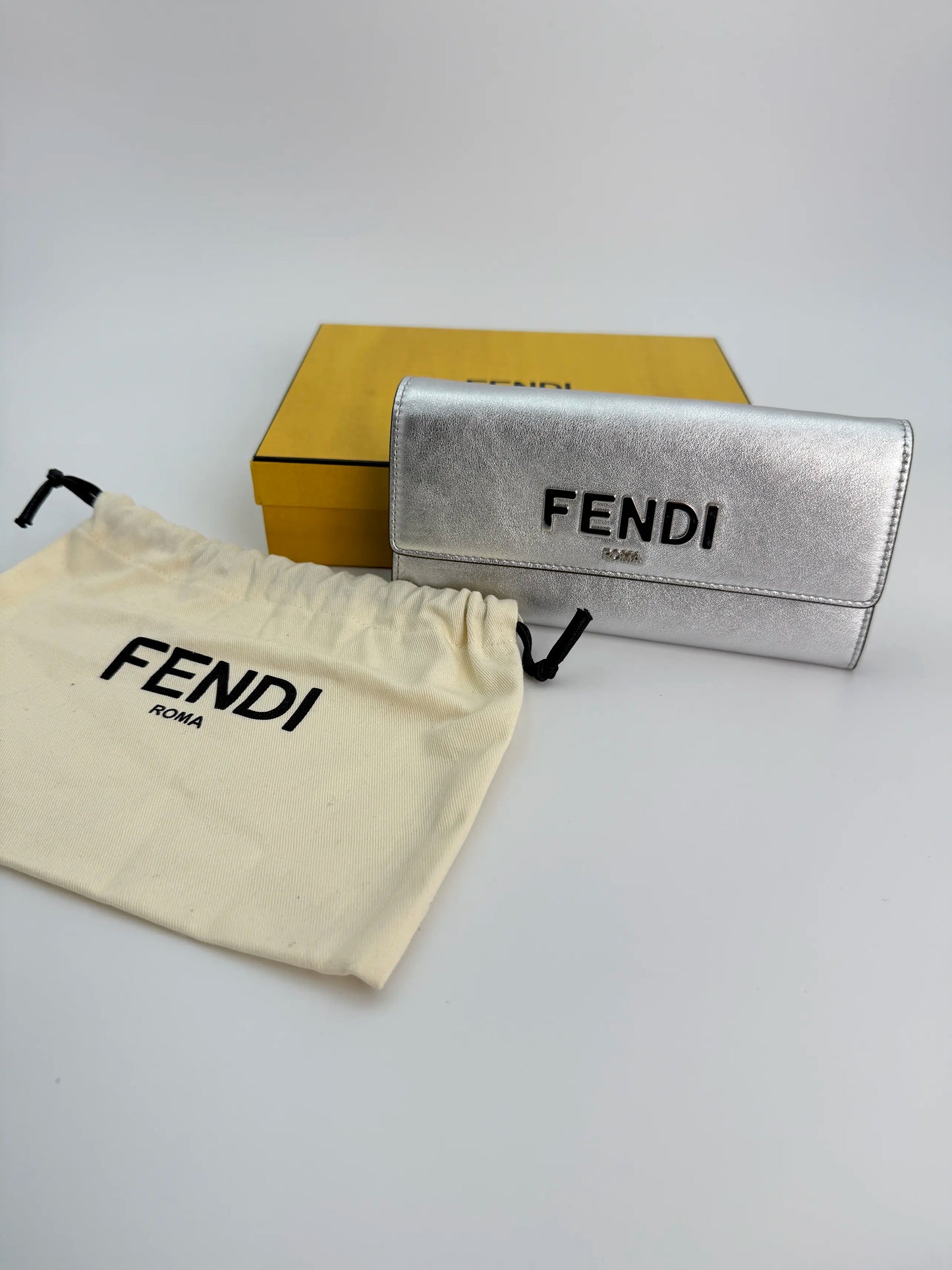 (AJ41) Fendi Silver Calf Leather Wallet on Chain, Silver Hardware