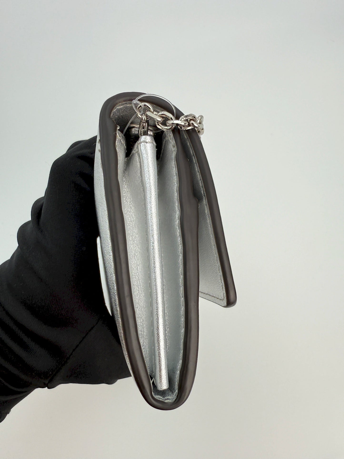 (AJ41) Fendi Silver Calf Leather Wallet on Chain, Silver Hardware