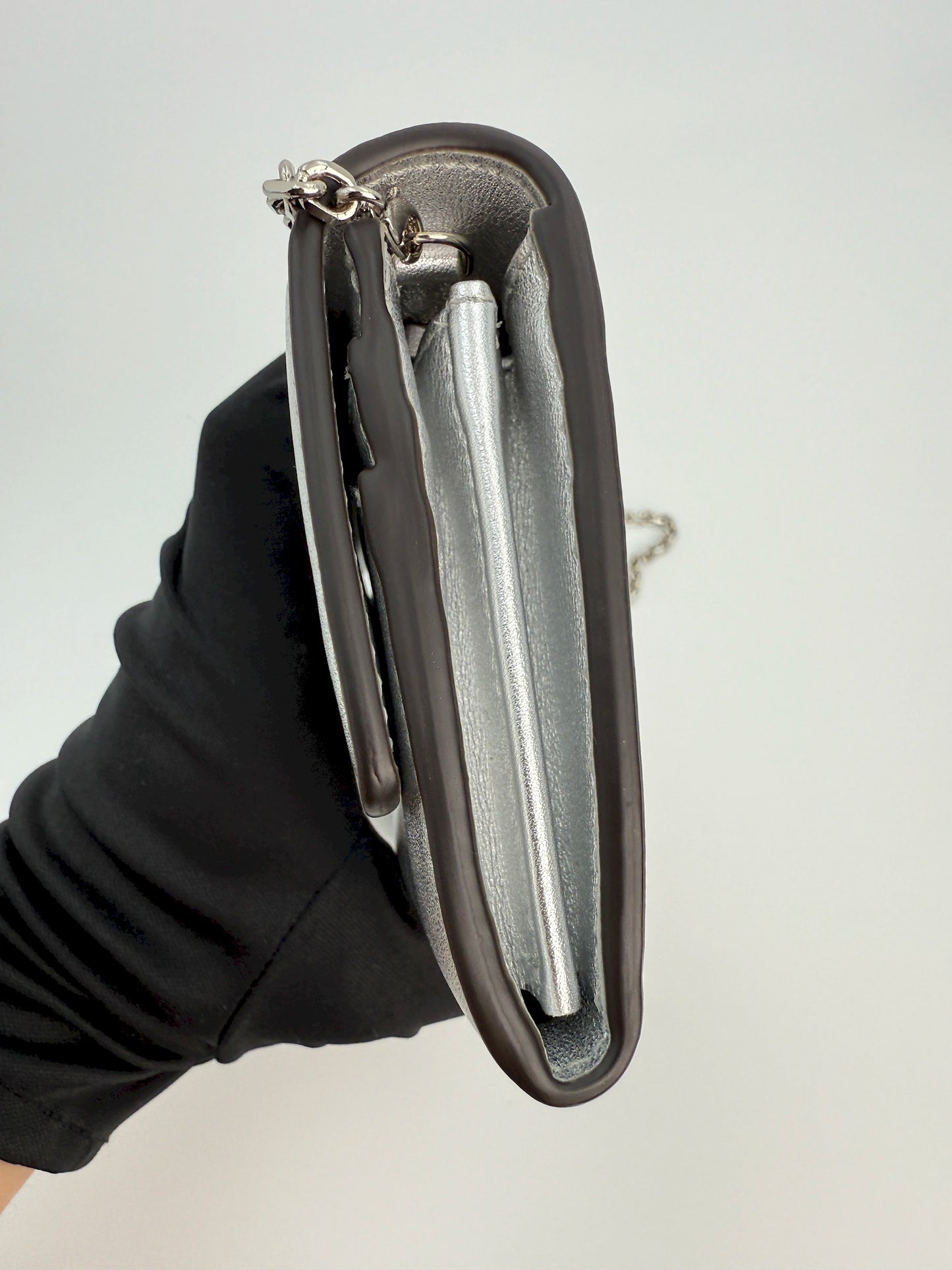 (AJ41) Fendi Silver Calf Leather Wallet on Chain, Silver Hardware