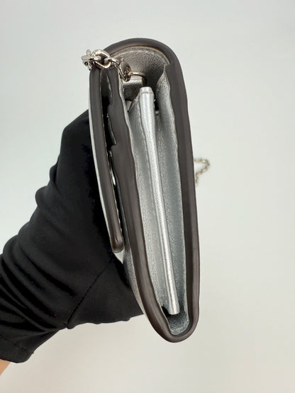 (AJ41) Fendi Silver Calf Leather Wallet on Chain, Silver Hardware