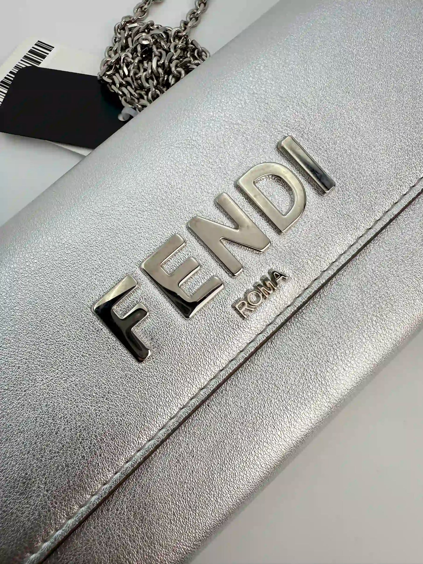 (AJ41) Fendi Silver Calf Leather Wallet on Chain, Silver Hardware