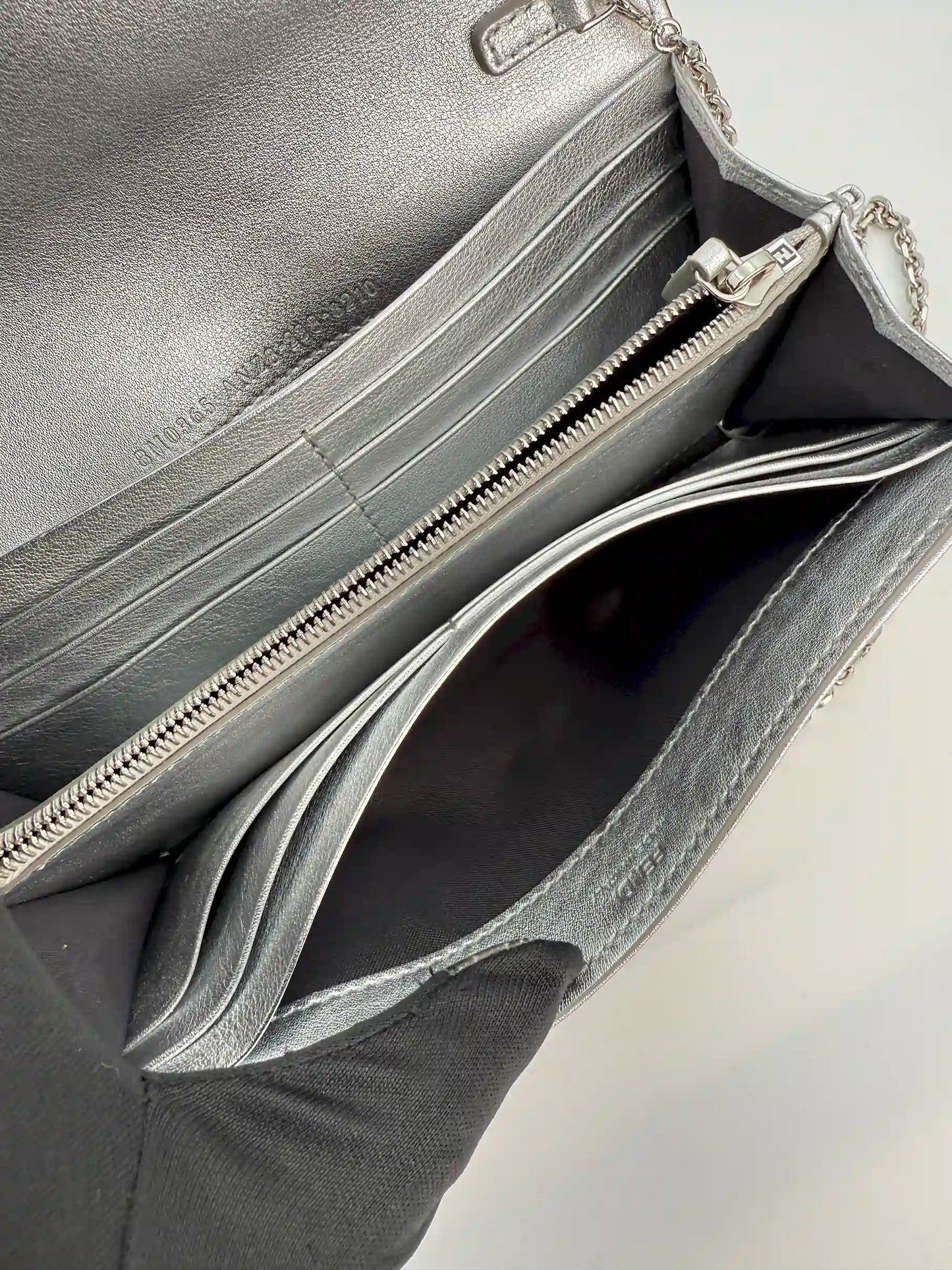 (AJ41) Fendi Silver Calf Leather Wallet on Chain, Silver Hardware