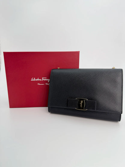 (AJ42) Ferragamo Black Calf Leather Vara Bow Mini Bag, Gold Hardware