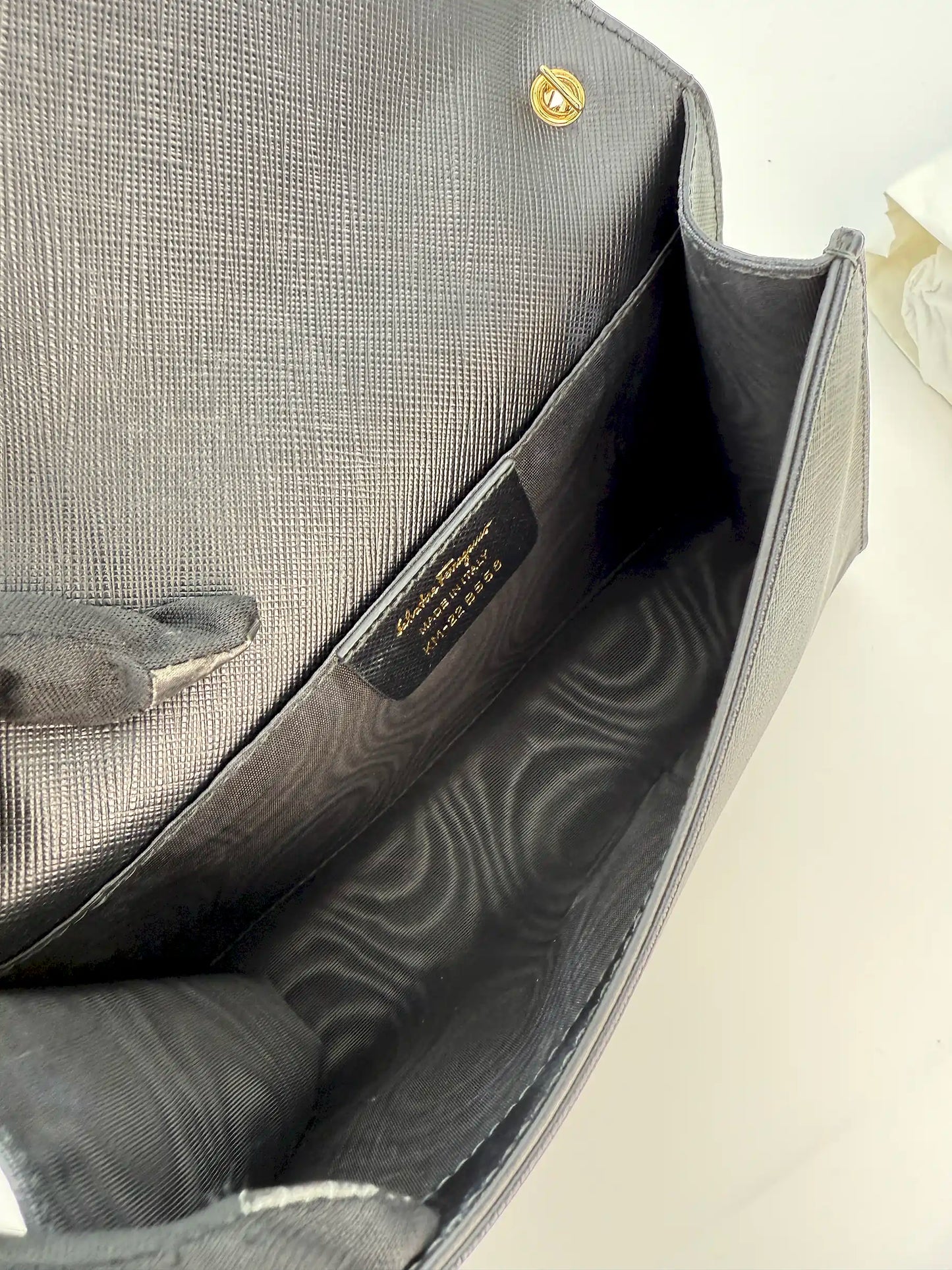 (AJ42) Ferragamo Black Calf Leather Vara Bow Mini Bag, Gold Hardware