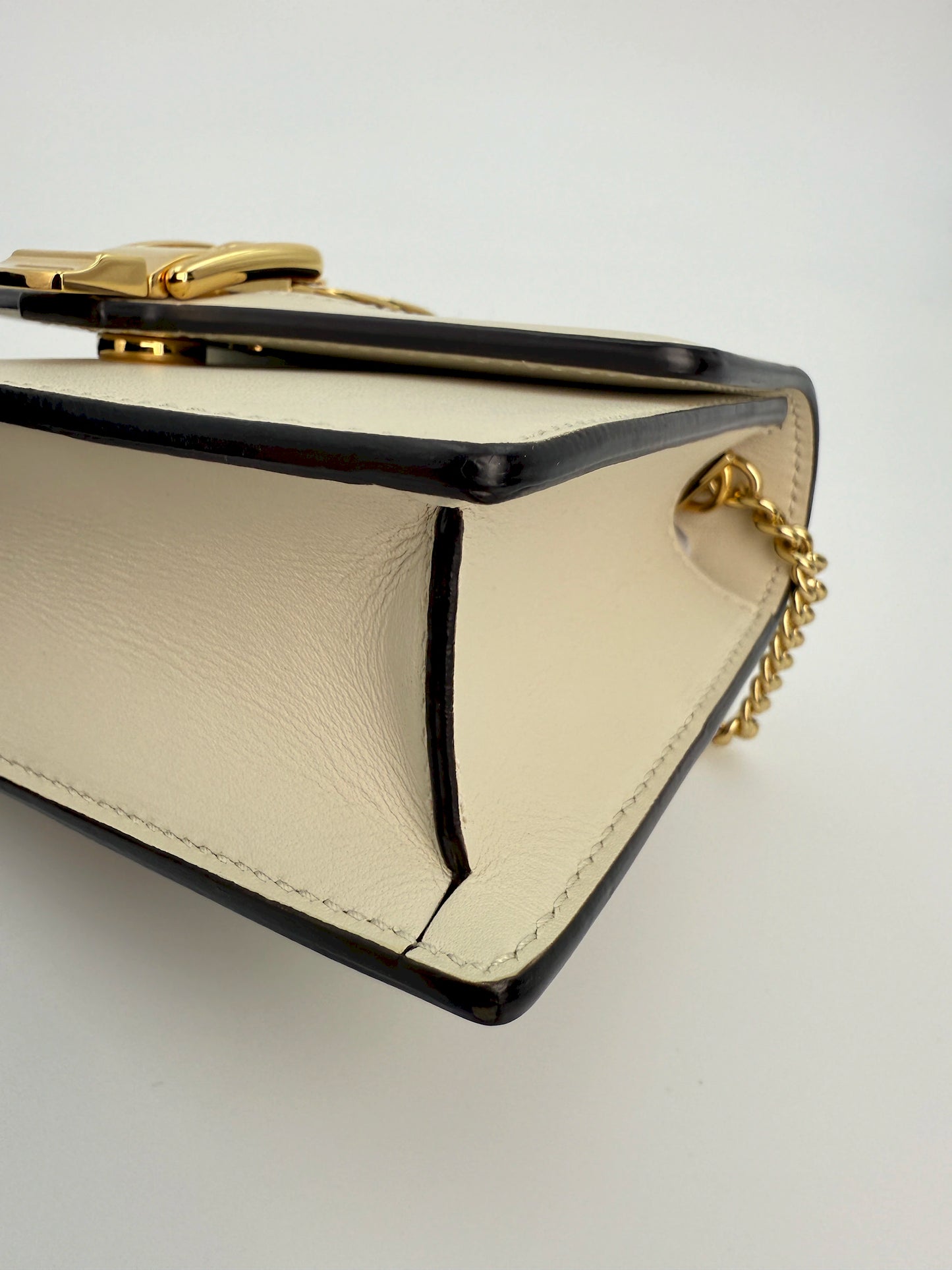 (AJ44) Gucci Ivory Calf Leather Super Mini Sylvie Chain Shoulder Bag, Gold Hardware