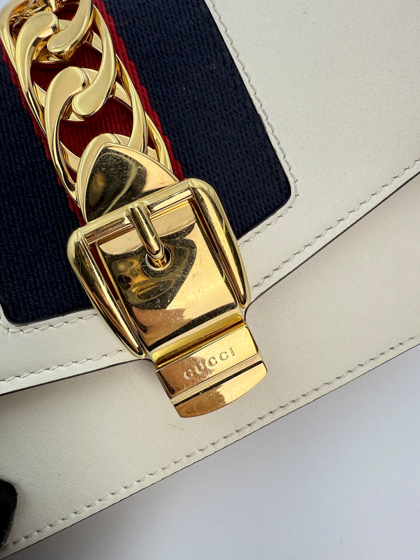 (AJ44) Gucci Ivory Calf Leather Super Mini Sylvie Chain Shoulder Bag, Gold Hardware