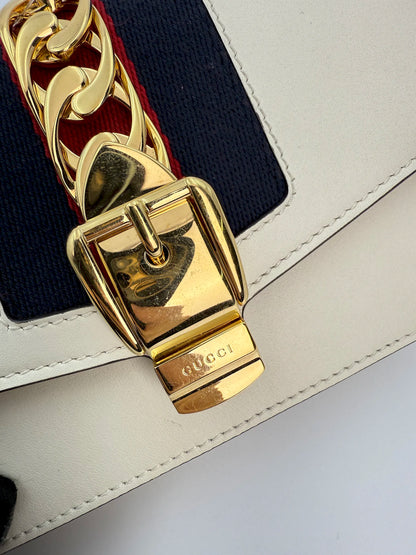 (AJ44) Gucci Ivory Calf Leather Super Mini Sylvie Chain Shoulder Bag, Gold Hardware