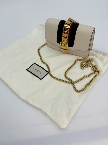 (AJ44) Gucci Ivory Calf Leather Super Mini Sylvie Chain Shoulder Bag, Gold Hardware