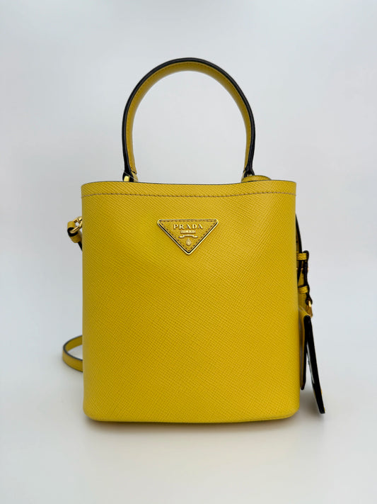 (AJ45) Prada Yellow Saffiano Cuir Calf Leather Small Panier Bucket Bag, Gold Hardware