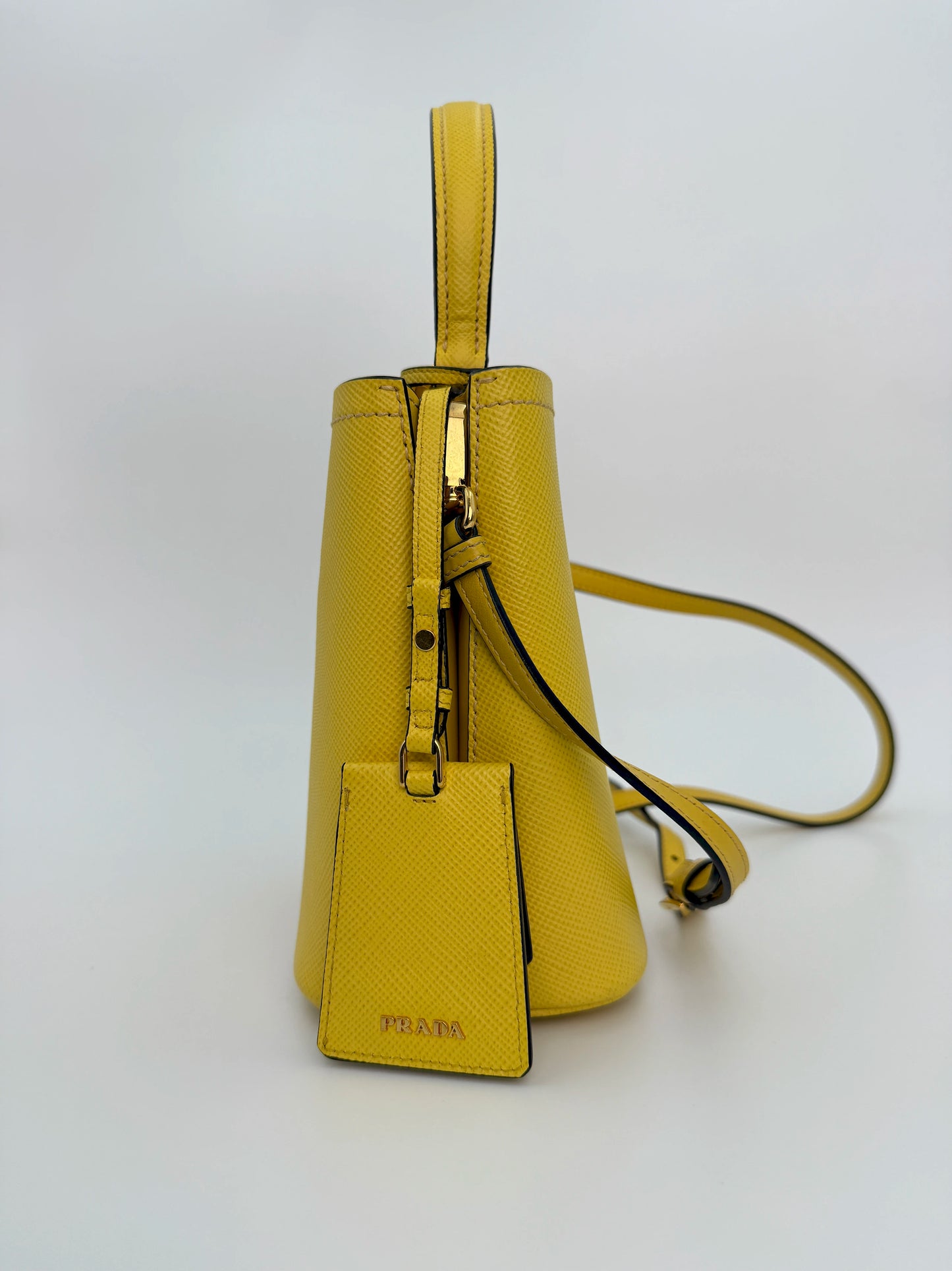 (AJ45) Prada Yellow Saffiano Cuir Calf Leather Small Panier Bucket Bag, Gold Hardware