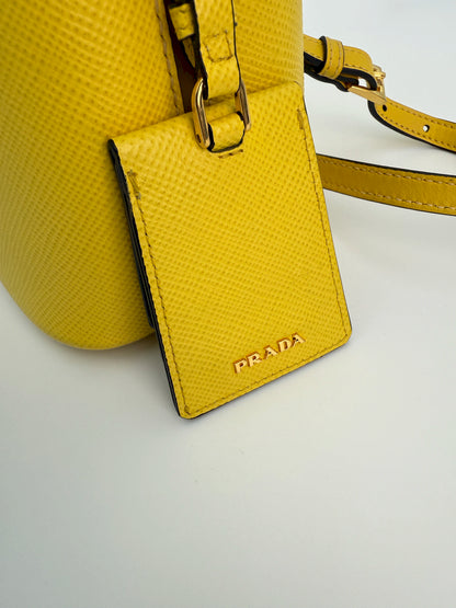 (AJ45) Prada Yellow Saffiano Cuir Calf Leather Small Panier Bucket Bag, Gold Hardware