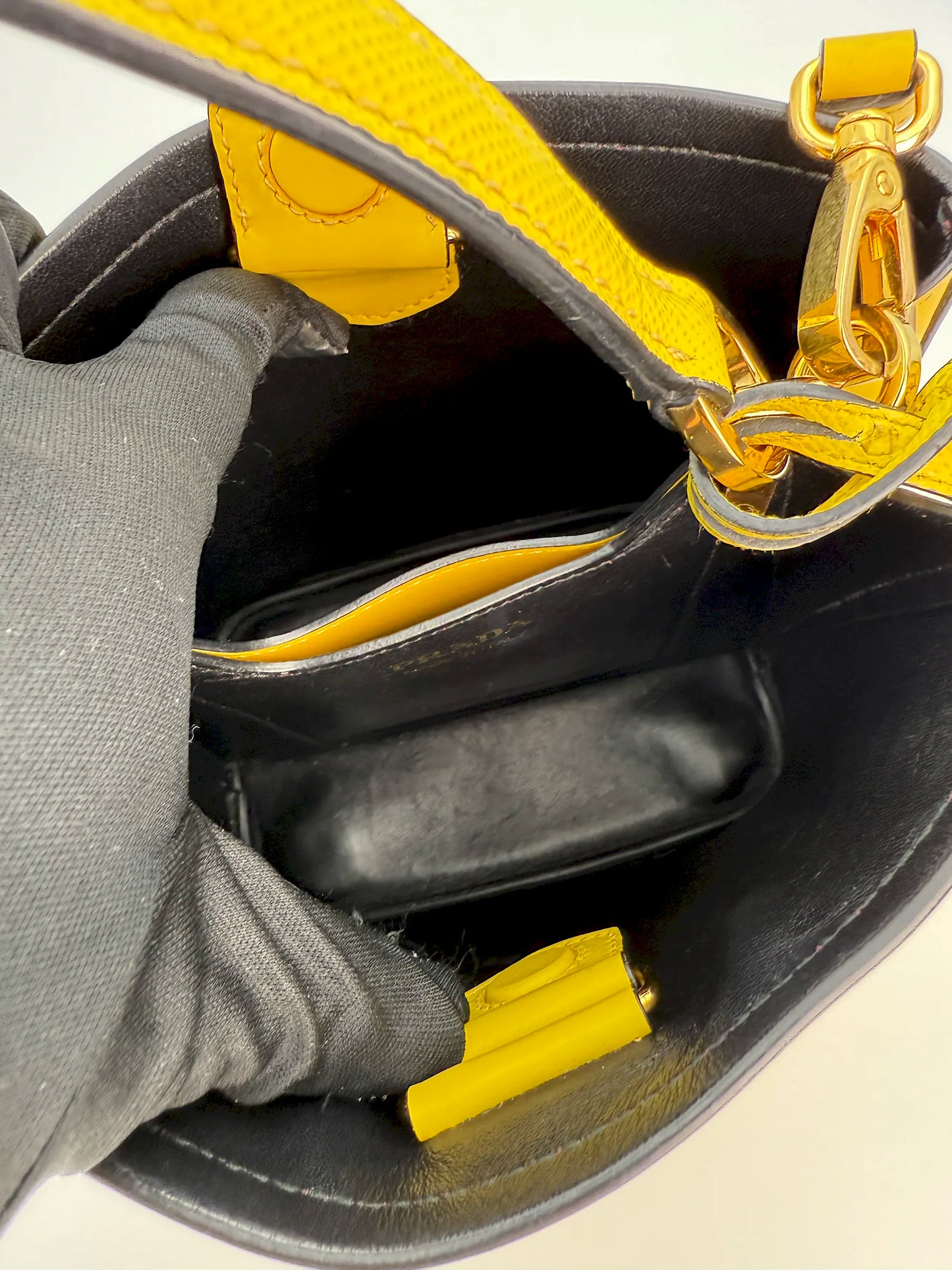 (AJ45) Prada Yellow Saffiano Cuir Calf Leather Small Panier Bucket Bag, Gold Hardware