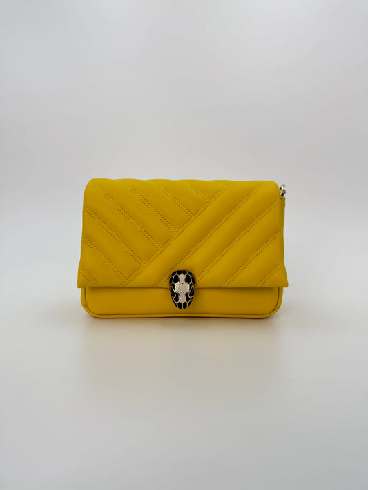 (AJ3) Bvlgari Yellow Calf Leather Serpenti Cabochon Chain Crossbody Bag, Champagne Gold Hardware