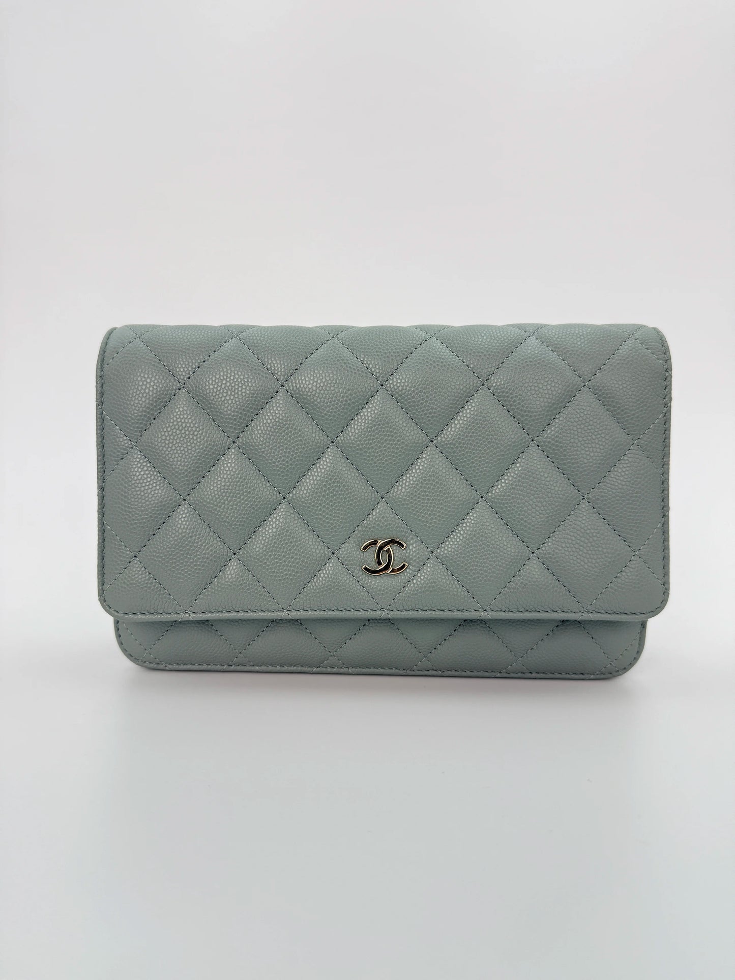 (AJ10) Chanel Grey Caviar Wallet on Chain, Champagne Gold Hardware