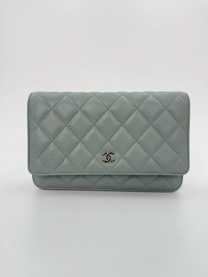 (AJ10) Chanel Grey Caviar Wallet on Chain, Champagne Gold Hardware