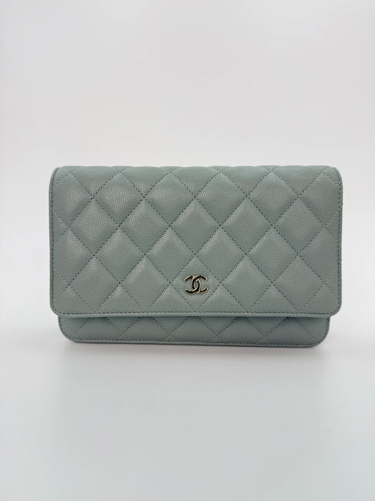 (AJ10) Chanel Grey Caviar Wallet on Chain, Champagne Gold Hardware